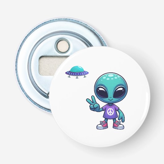 Schattigee Vrede Alien & Ruimteschip Button Flesopener (Voorkant)