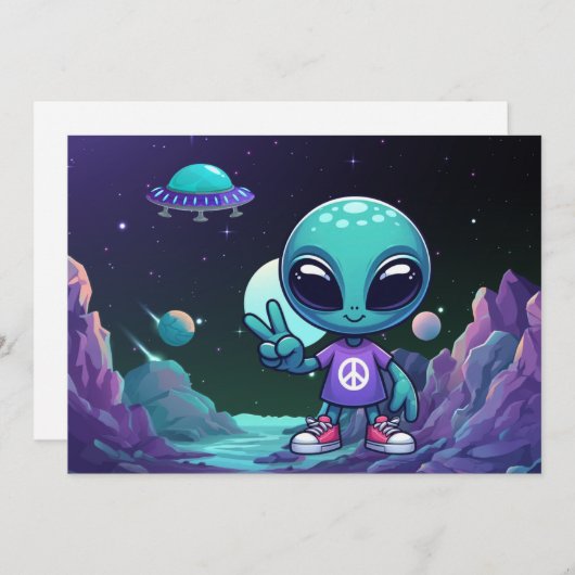 Schattigee Vrede Alien & Ruimteschip Feestdagenkaart (Voorkant / Achterkant)
