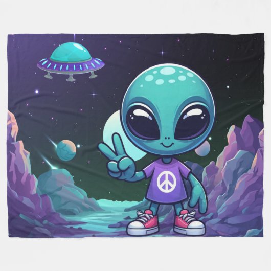 Schattigee Vrede Alien & Ruimteschip Fleece Deken (Voorkant (Horizontaal))