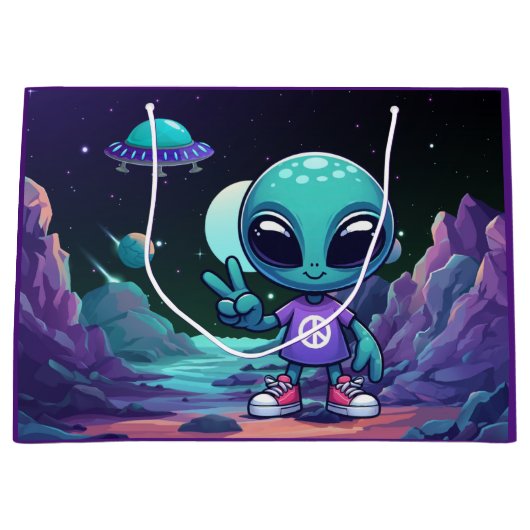 Schattigee Vrede Alien & Ruimteschip Groot Cadeauzakje (Voorkant)