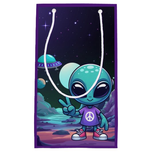 Schattigee Vrede Alien & Ruimteschip Klein Cadeauzakje (Voorkant)