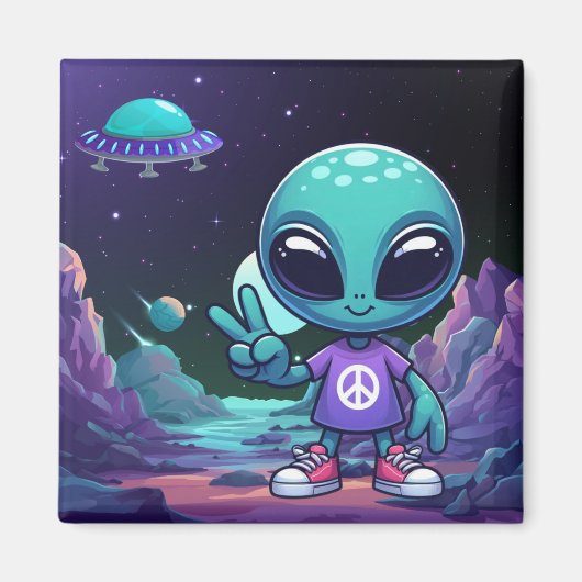 Schattigee Vrede Alien & Ruimteschip Magneet (Voorkant)