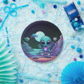 Schattigee Vrede Alien & Ruimteschip Papieren Bordje (Feest)