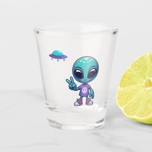 Schattigee Vrede Alien & Ruimteschip Shot Glas (Voorkant)