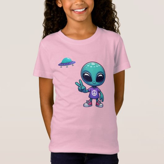 Schattigee Vrede Alien & Ruimteschip T-shirt (Voorkant)