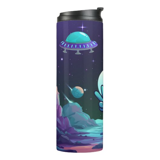Schattigee Vrede Alien & Ruimteschip Thermosbeker (Gedraaid links)