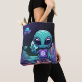 Schattigee Vrede Alien & Ruimteschip Tote Bag (Dichtbij)