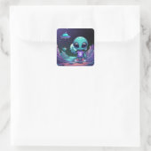 Schattigee Vrede Alien & Ruimteschip Vierkante Sticker (Tas)