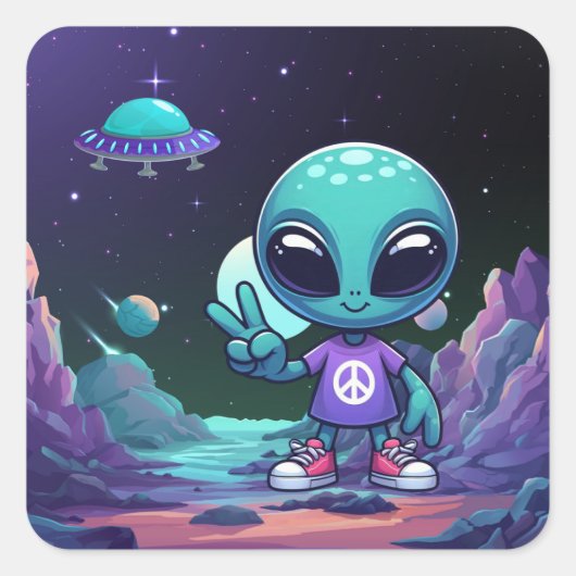 Schattigee Vrede Alien & Ruimteschip Vierkante Sticker (Voorkant)