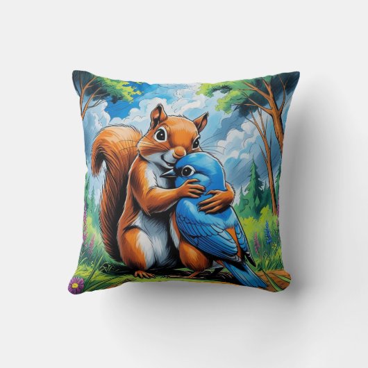 Schattigee vriendschap tussen eekhoorn en bluebird kussen (Achterkant)