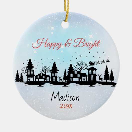 Schattigee vrolijke en lichte santa sleigh kerst keramisch ornament (Voorkant)