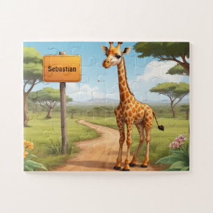 Schattigee vrolijke Giraffe in savanne met naam Legpuzzel