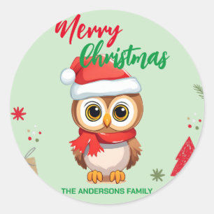 Schattigee vrolijke kerst Baby Uil Santa Scarf vak Ronde Sticker