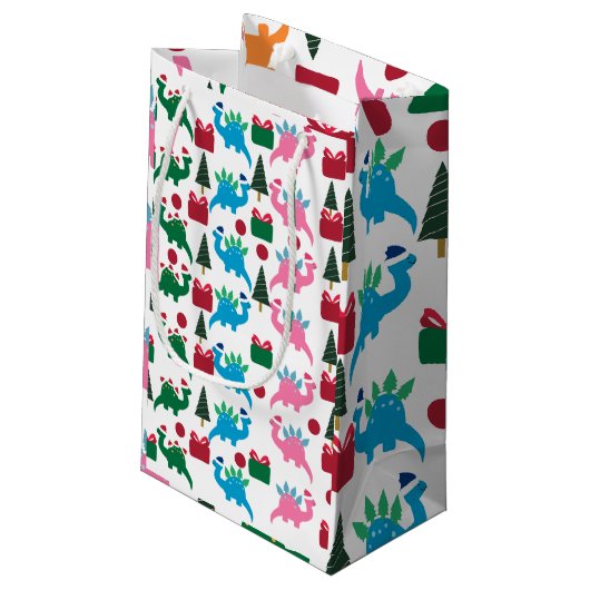 Schattigee vrolijke kerst dinosaurussen kleine ges klein cadeauzakje (Achterkant Gekanteld)
