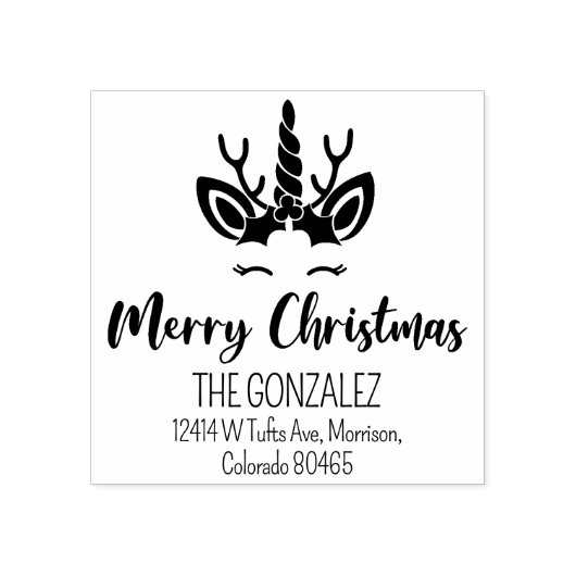 Schattigee vrolijke kerst eenhoorn retouradres rubberstempel (Afrduk)