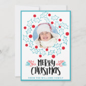 Schattigee vrolijke kerst Holly rode bessen Foto Feestdagenkaart (Voorkant)