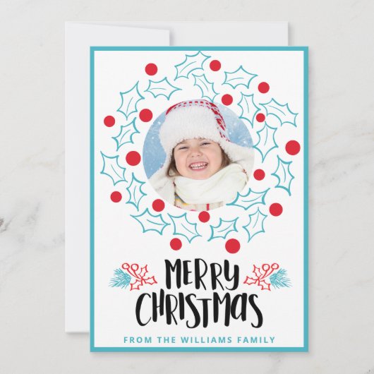 Schattigee vrolijke kerst Holly rode bessen Foto Feestdagenkaart (Voorkant)