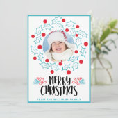 Schattigee vrolijke kerst Holly rode bessen Foto Feestdagenkaart (Staand voorkant)