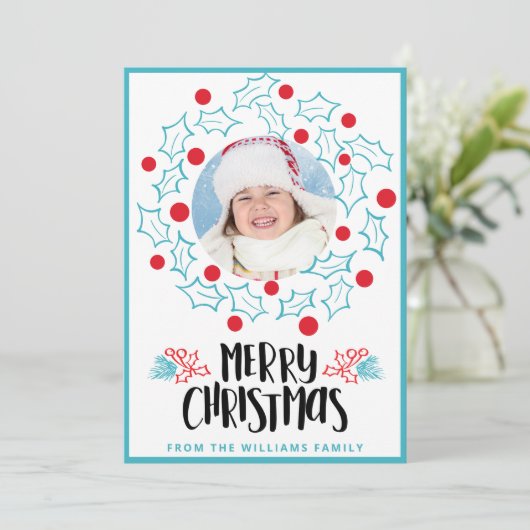 Schattigee vrolijke kerst Holly rode bessen Foto Feestdagenkaart (Staand voorkant)