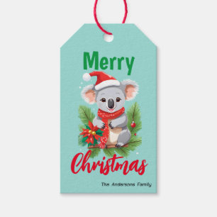 Schattigee vrolijke kerst Koala Santa rood en groe Cadeaulabel
