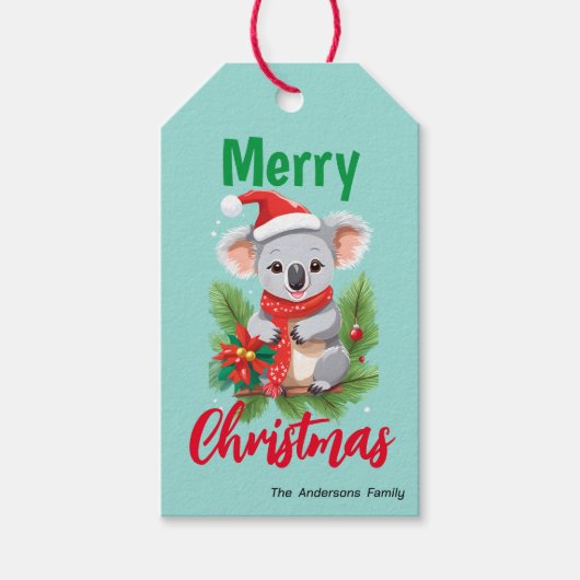 Schattigee vrolijke kerst Koala Santa rood en groe Cadeaulabel (Voorkant)
