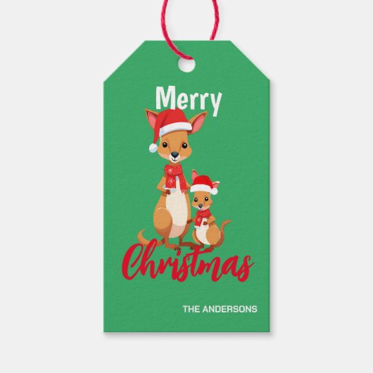Schattigee vrolijke kerst mama Kind Kangaroo Santa Cadeaulabel (Voorkant)