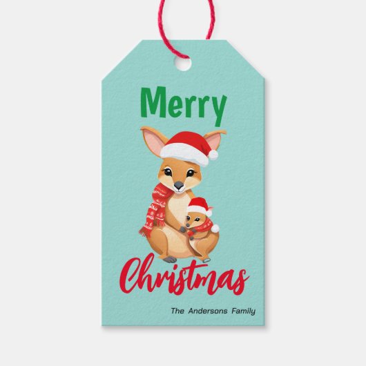 Schattigee vrolijke kerst mama Kind Kangaroo Santa Cadeaulabel (Voorkant)