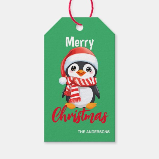 Schattigee vrolijke kerst Mama Kind pinguïn Santa  Cadeaulabel (Voorkant)