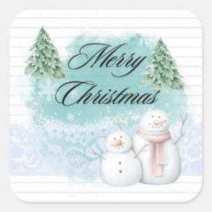 Schattigee vrolijke kerst met sneeuwman kerstboom vierkante sticker