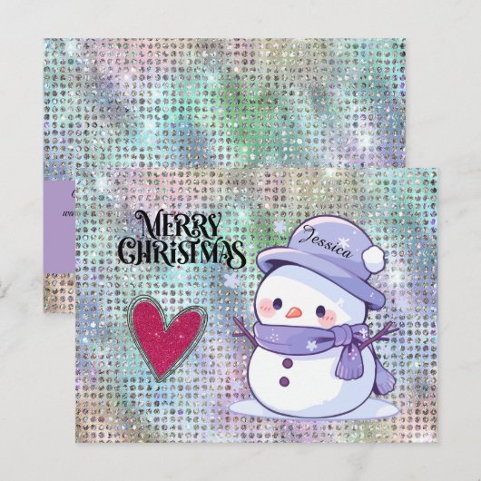 Schattigee vrolijke kerst pastel sneeuwman glitter briefkaart (Voorkant / Achterkant)