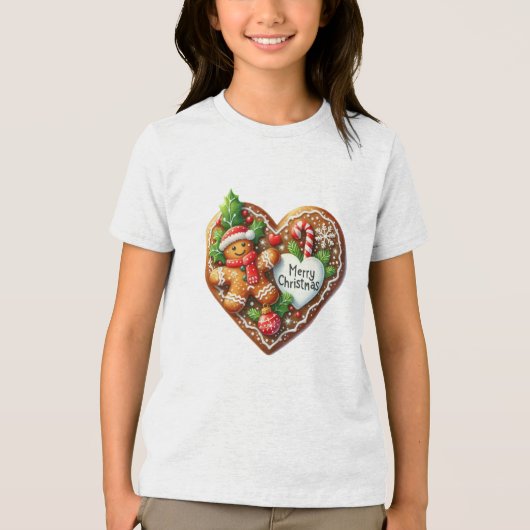 Schattigee vrolijke kerst peperkoek man hart Tri-Blend shirt (Voorkant)