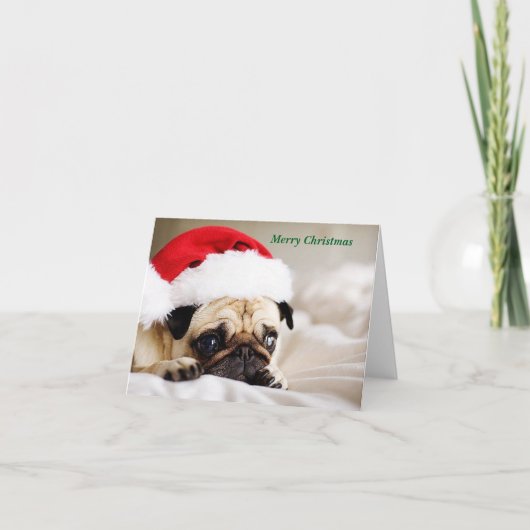 Schattigee vrolijke kerst pug puppy feestdagen kaart (Voorkant)