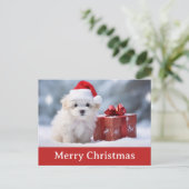 Schattigee vrolijke kerst puppy hond santa hoed briefkaart (Staand voorkant)