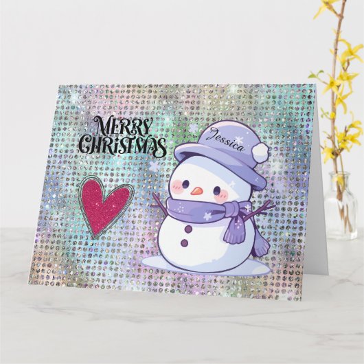 Schattigee vrolijke kerst sneeuwman pastel glitter kaart (Gele Bloem)