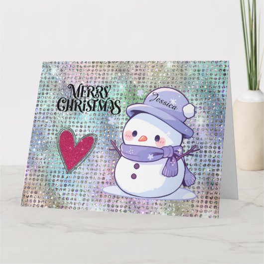 Schattigee vrolijke kerst sneeuwman pastel glitter kaart (Voorkant)