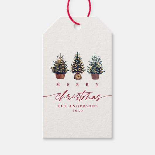 Schattigee vrolijke kerst Waterverf boom rood scri Cadeaulabel (Voorkant)