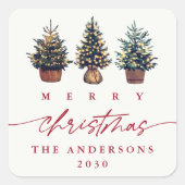 Schattigee vrolijke kerst Waterverf boom rood scri Vierkante Sticker (Voorkant)