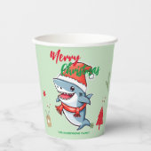 Schattigee vrolijke kersthaai vis kerstmuts vakant papieren bekers (Voorkant)