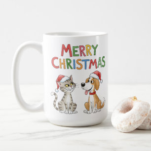 Schattigee vrolijke kerstkat en -hond met kerstmut koffiemok