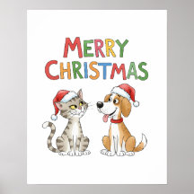 Schattigee vrolijke kerstkat en -hond met kerstmut