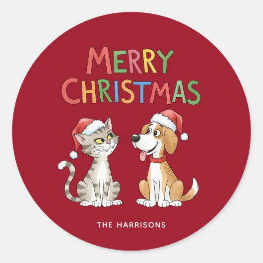 Schattigee vrolijke kerstkat en -hond met kerstmut ronde sticker (Voorkant)