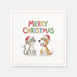 Schattigee vrolijke kerstkat en -hond met kerstmut servet