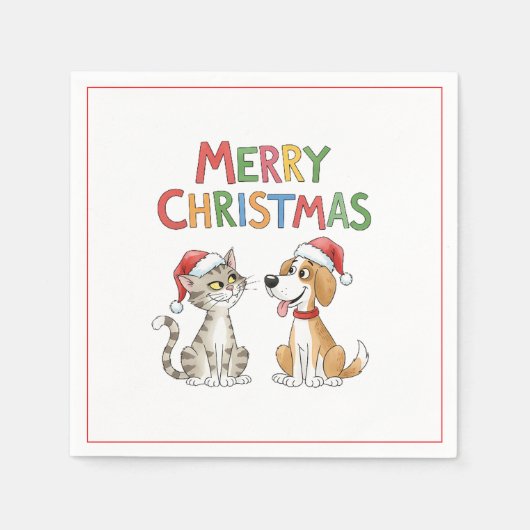 Schattigee vrolijke kerstkat en -hond met kerstmut servet (Voorkant)