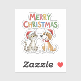Schattigee vrolijke kerstkat en -hond met kerstmut sticker