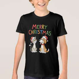 Schattigee vrolijke kerstkat en -hond met kerstmut Tri-Blend shirt
