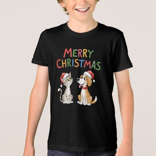 Schattigee vrolijke kerstkat en -hond met kerstmut Tri-Blend shirt (Voorkant)