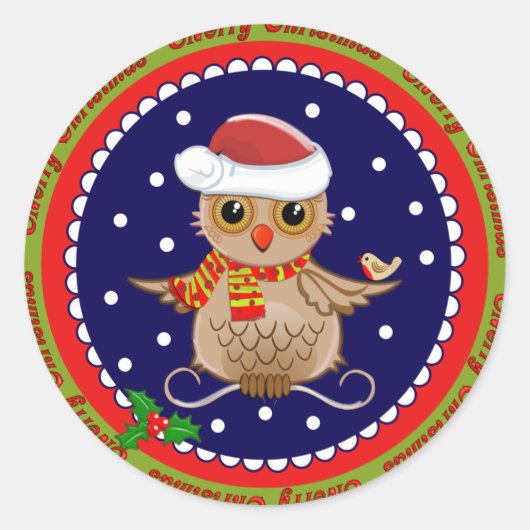 Schattigee Vrolijke Kerstmis sticker met Santa Uil (Voorkant)
