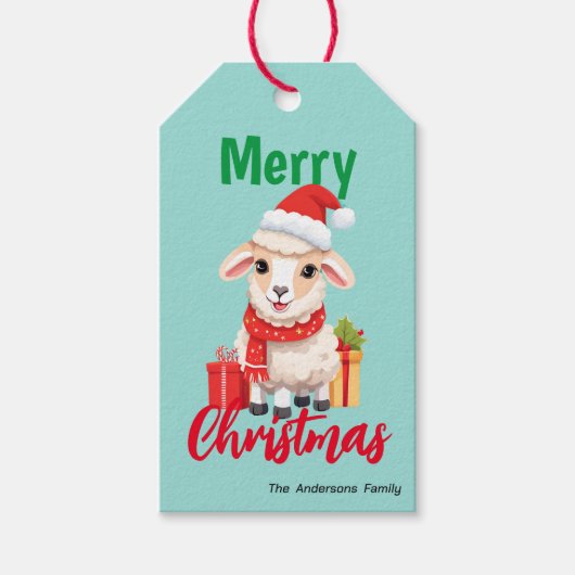 Schattigee vrolijke kerstschaap Ram Santa Scarf va Cadeaulabel (Voorkant)