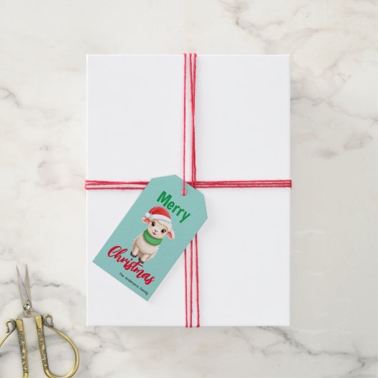 Schattigee vrolijke kerstschaap Ram Santa Scarf va Cadeaulabel (Met Touw)