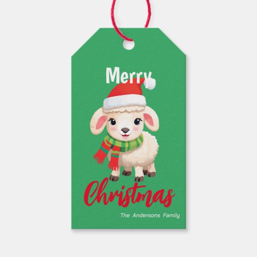 Schattigee vrolijke kerstschaap Ram Santa Scarf va Cadeaulabel (Voorkant)